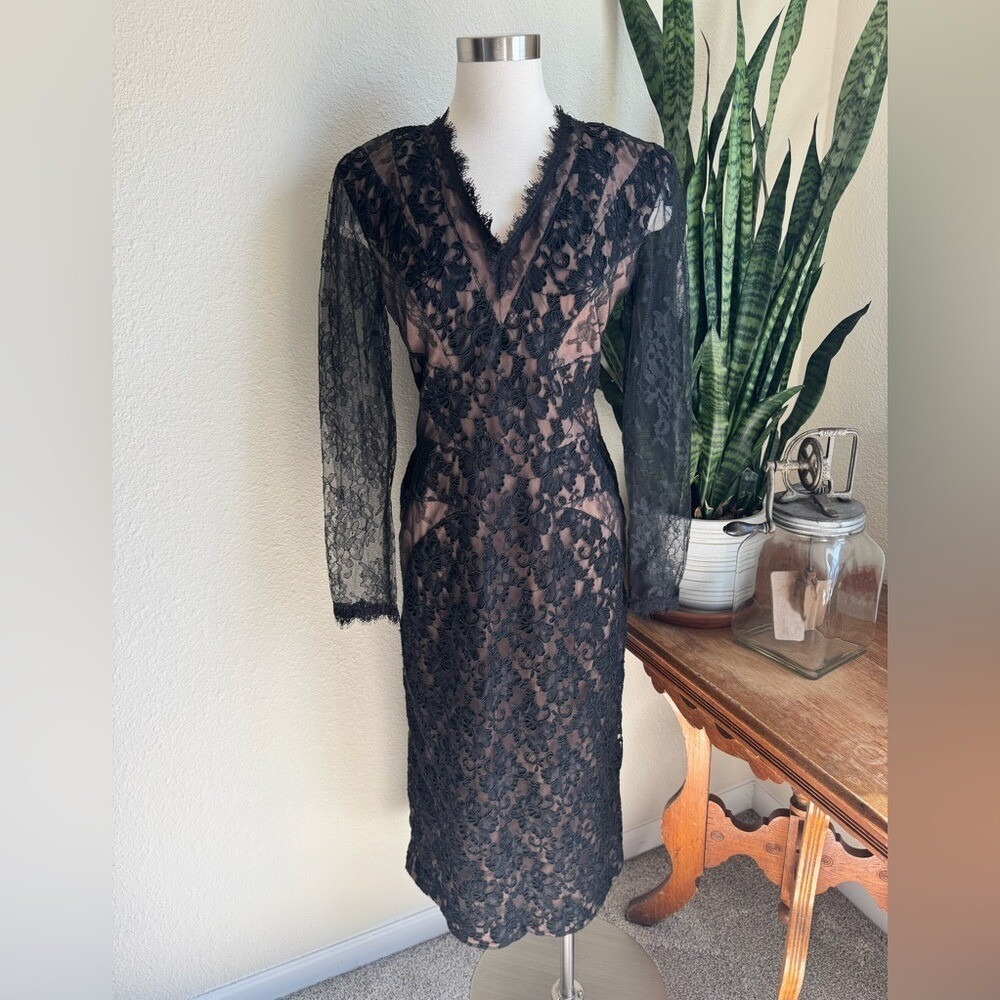 Vintage Victor Costa Black Lace Illusion Wiggle Dress Made in USA‎